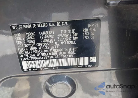 2021 Honda Hr-V Awd Lx z USA, uszkodzony, nr VIN 3CZRU6H3XMM738706